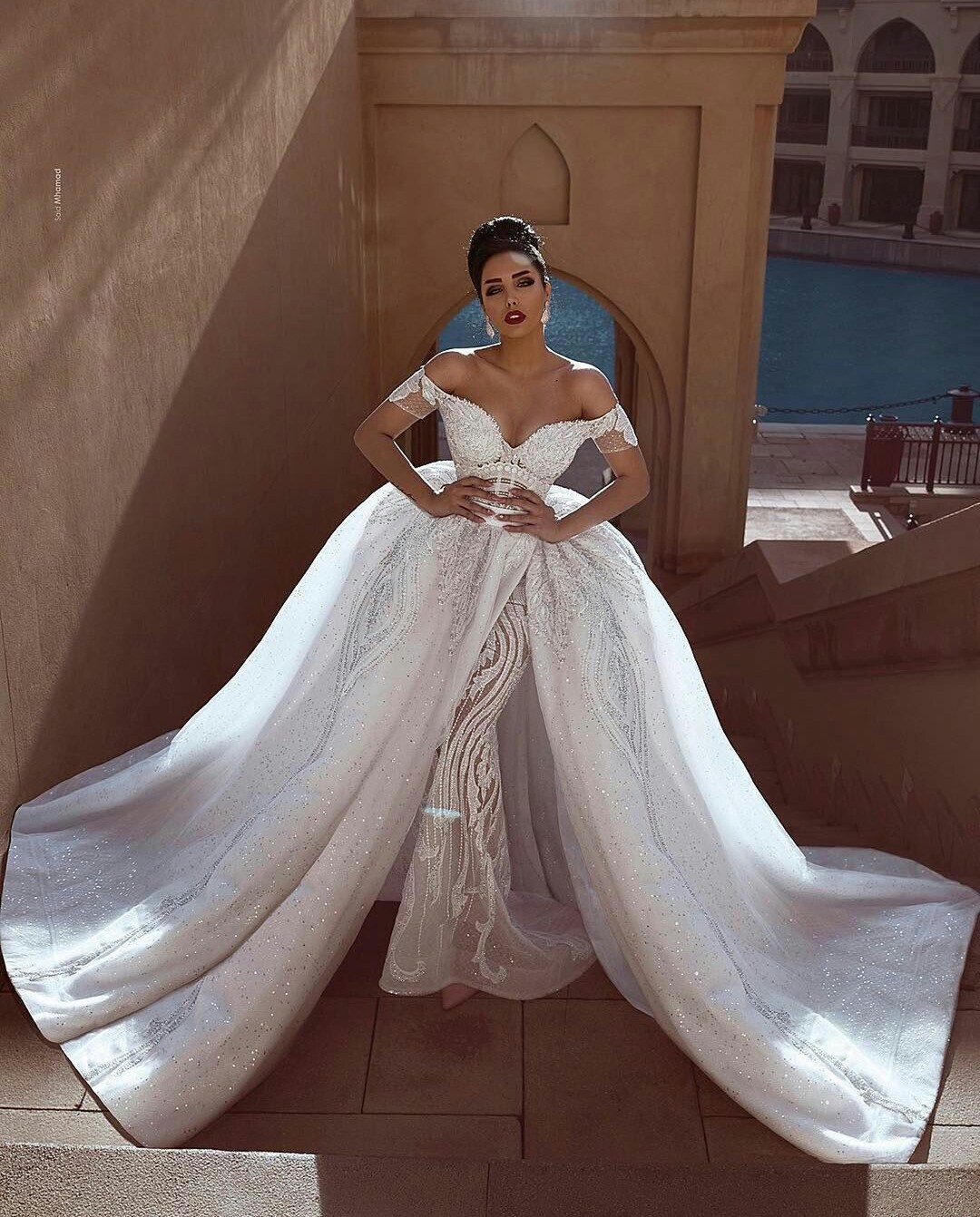 2019 Luxury Mermaid Wedding Dresses With Overskirt Off The Shoulder Lace Appliqued Sequined Long Bridal Gowns Court Train Boho Wedding Dress