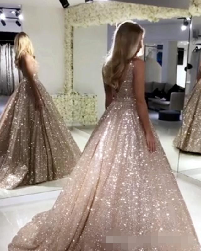 Sparkly Sequins 2020 Prom Dresses Rose Gold Sliver Sheer Pluning V Neck Evening Party Gowns Juiors Graduation Formal Ocn Wear