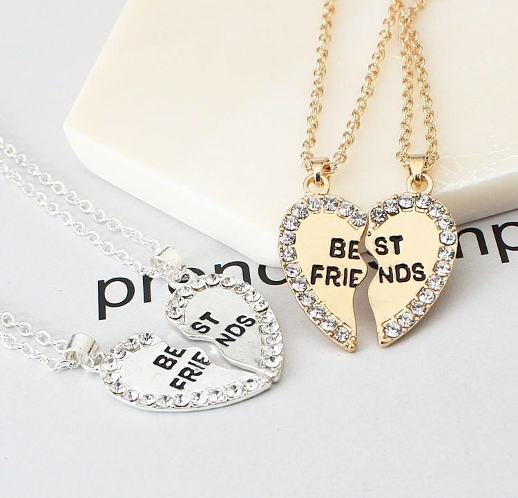 Trendy Best Friends Necklace For Mens Women Best Friend Forever Broken Crystal heart Pendant chains Fashion BFF friendship Jewelry Gift