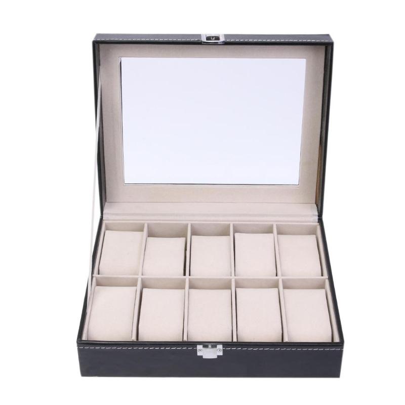 10 Cell Grids Fashion PU Leather Watch Boxes Storage Organizer Box Jewelry Ring Display Watch Case Black Display Clock Bo