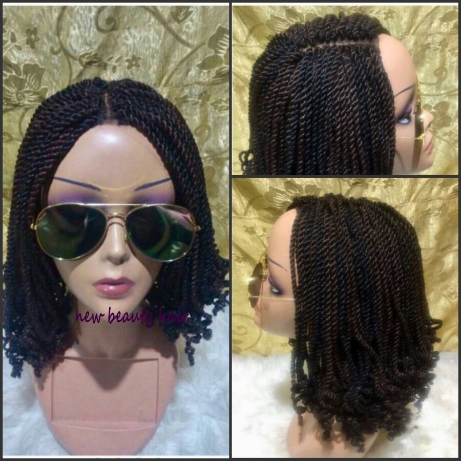 Hotselling short kinky twist braided lace front wigs full hand tied synthetic braids curly wig for african americans