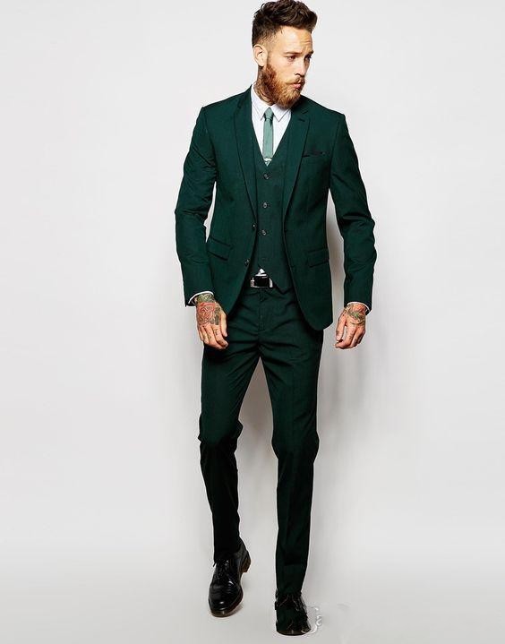 Dark Green Groom Tuxedos Notch Lapel Groomsman Wedding 3 Piece Suit Fashion Men Business Prom Party Jacket Blazer(Jacket+Pants+Tie+Vest)2265