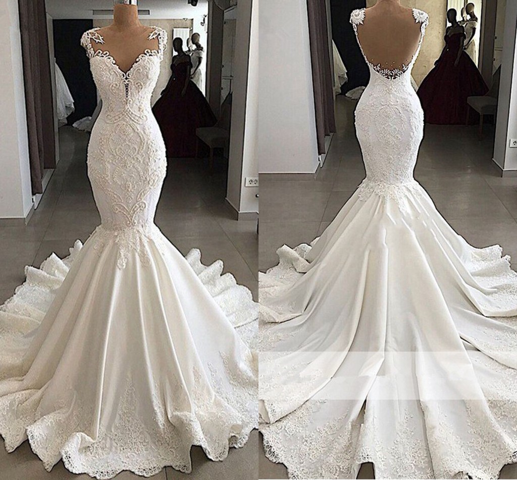 Illusion Back Mermaid Wedding Dresses 2020 Luxury Lace Beaded Pearls Ruffles Court Train Garden Wedding Gown Vestido de Novia