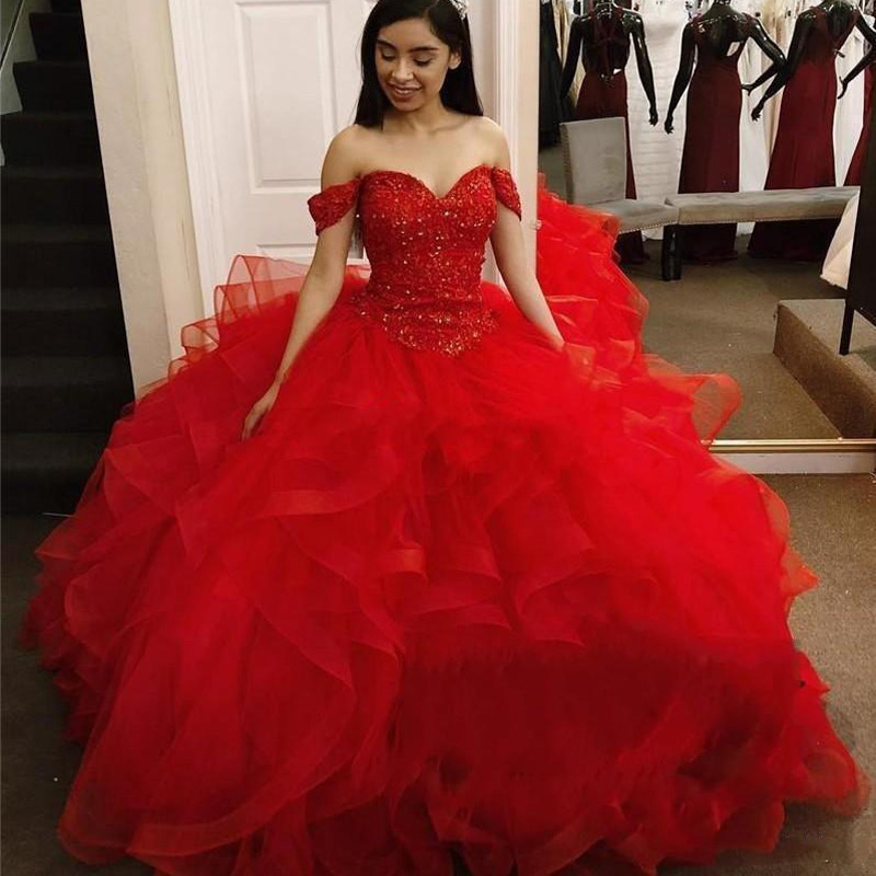 Modest Red Off Shoulder Ball Gown Quinceanera Dresses Cascading Ruffles Sweep Train Beads Prom Party Gowns For Sweet 15 Dress Prom Dresses