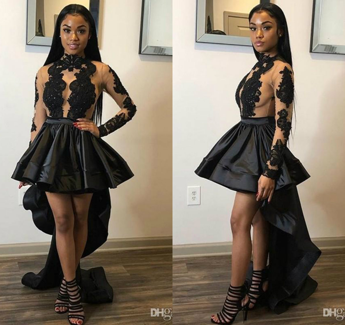 High Low Black Prom Dresses High Neck Long Sleeve Satin Lace Appliqued Cocktail Dress Girls Graduation Homecoming Gowns 2019
High Low Black Prom Dresses High Neck Long Sleeve Satin Lace Appliqued Cocktail Dress Girls Graduation Homecoming Gowns 2019