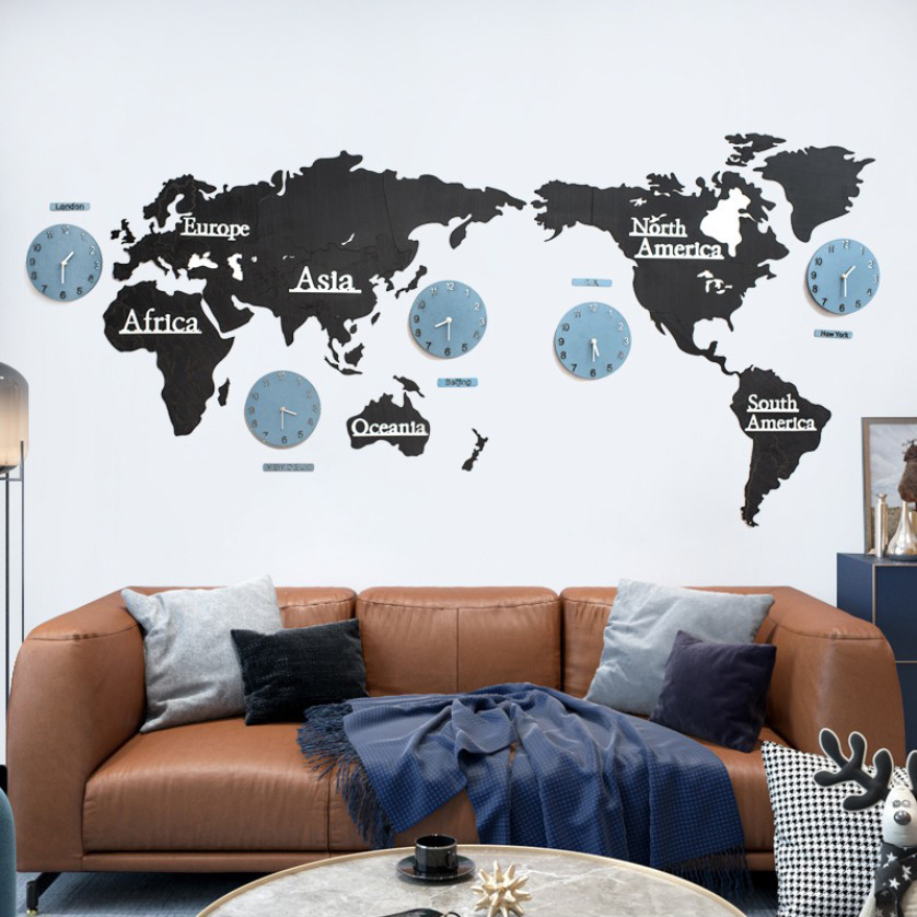 Creative Wooden World Map Wall Clock 3D Map Decorative Design Home Decor Living Room Modern European Style Round Mute Relogio De P6648927