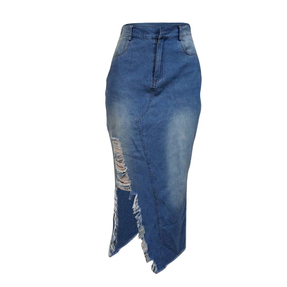 High Waist Large Size Cotton Jeans Women Casual Tassels Washed Denim Skirts Sexy Split Midi Skirt C19041601