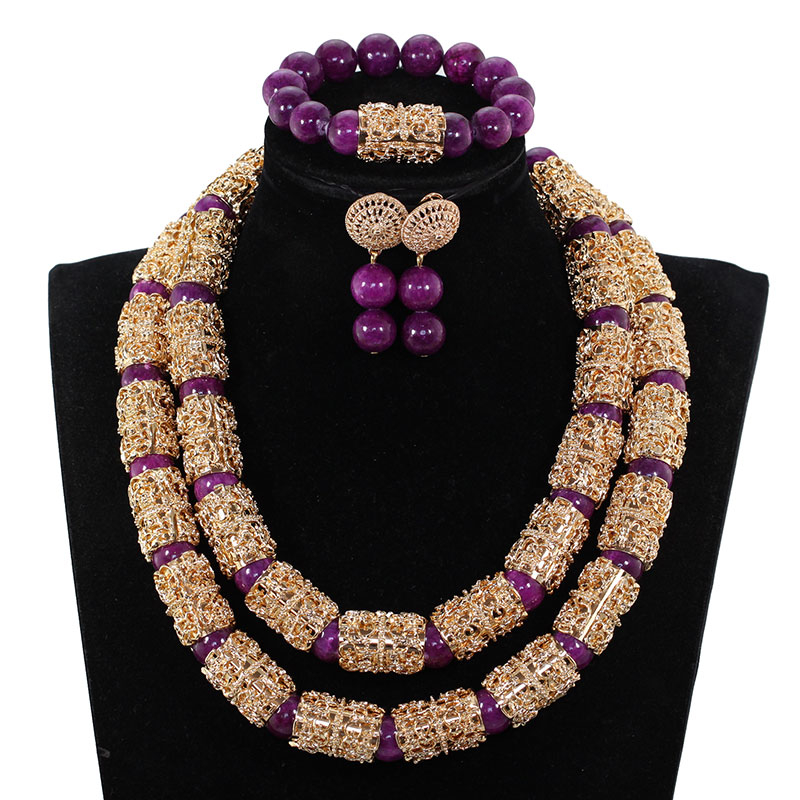 Splendid Navy Blue Nigerian Beaded Women Costume Jewelry Sets Dubai Gold Chunky Statement Necklace Set 2019 WE240 CJ191128