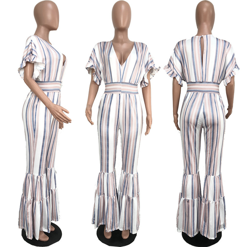 Jumpsuits European spring and summer temperament women's print large swing sleeve striped jumpsuit support mixed batch