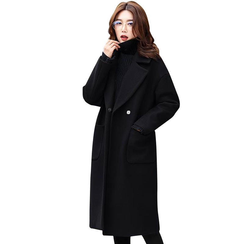 

Autumn Winter Black Coat Women Wool Blend Coat Long Casual Thicken Cotton-padded Outwear Woolen Femme Casaco Feminino, As pic