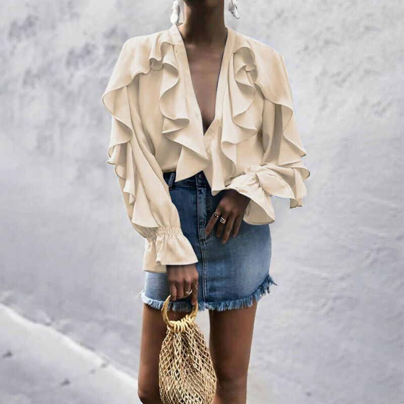 women sweet ruffled chiffon blouse V neck long sleeve cute female casual fashion blue shirt stylish tops plus size