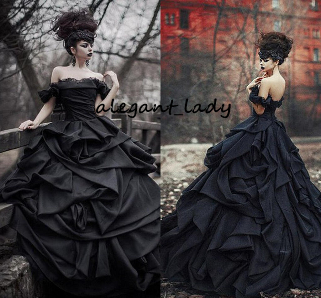 Vintage Tradition Black Gothic Wedding Dresses Victorian Punk Ball Gown Wedding Dresses Off The Shoulder Tie Up Satin Princess Bride