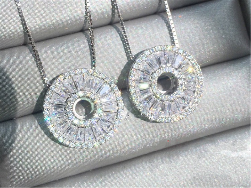 Vecalon Round pendant 925 Sterling silver Dianomd Wedding Engagement Pendants with necklace for Women Party Jewelry Gift