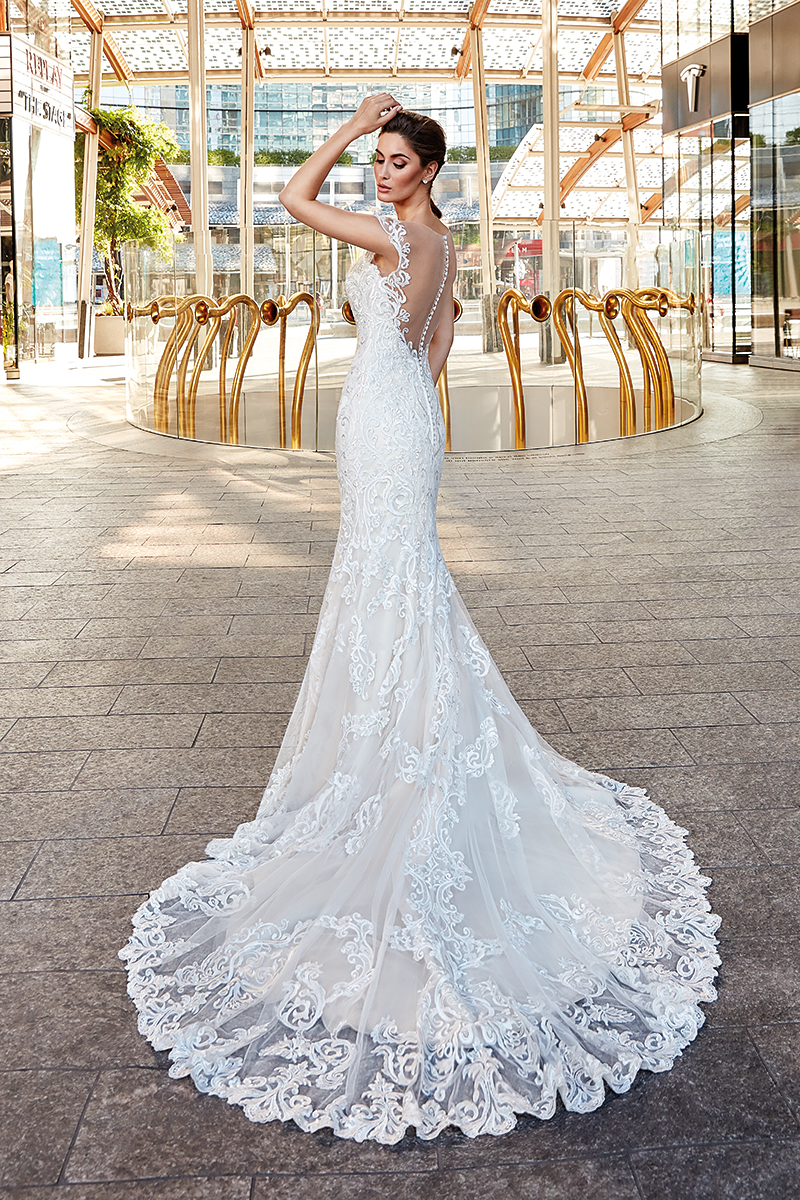 Eddy K Latest Mermaid Wedding Dresses Lace Applique Sheer Neck Sweep Train Bridal Gowns Covered Button Custom Made Wedding Dress