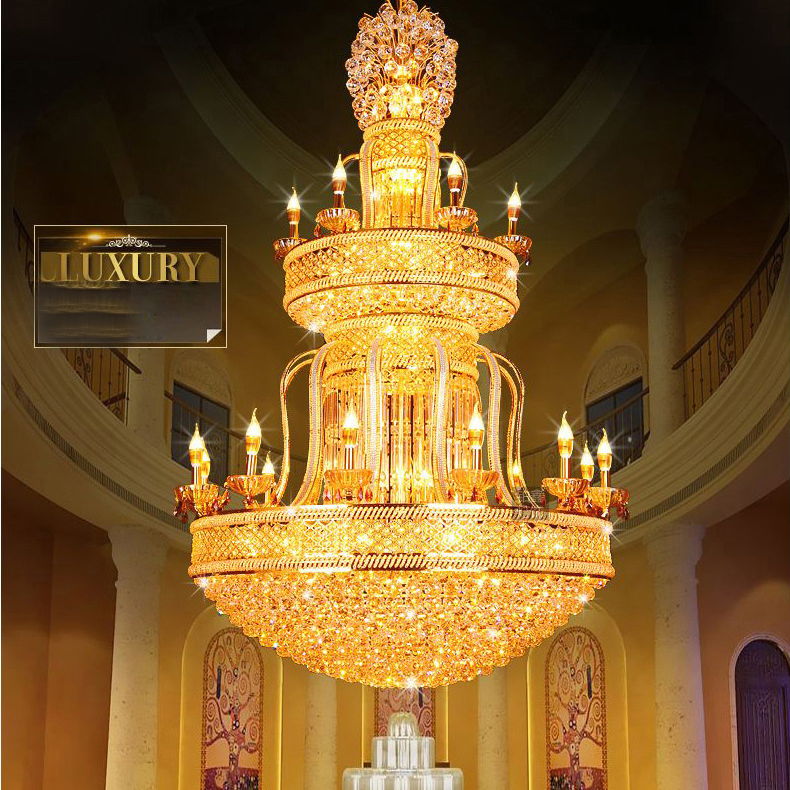 European Golden Crystal Chandelier LED Light Luxurious Modern Chandeliers Lights Fixture Home Villa Hotel Lobby Hall Parolor Big Long Hanging Lamps Dr