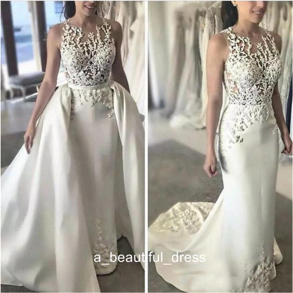 Mermaid Wedding Dresses With Applique Sheer Neckline Sleeveless Wedding Gowns With Detachable Train Sheer Back Bridal Gowns ED1187