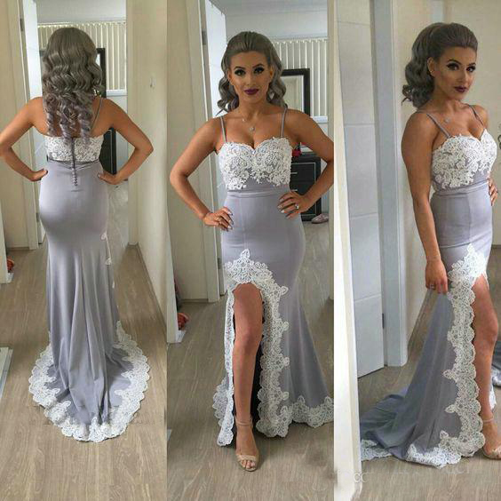 Sexy Grey Evening Dresses Mermaid Spaghetti Straps High Split Lace Appliques Elegant Evening Gowns for Weddings Party Dresses