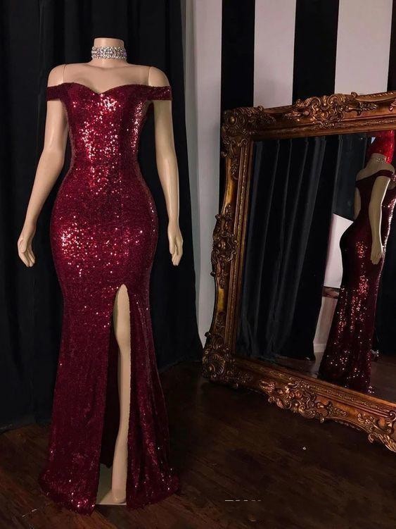 Bling Mermaid Sexy Rose Gold Sequined Prom Dresses Sequins Bury Dark Red Side Split Off Shoulder V Neck Formal Party Dress Evening Gowns