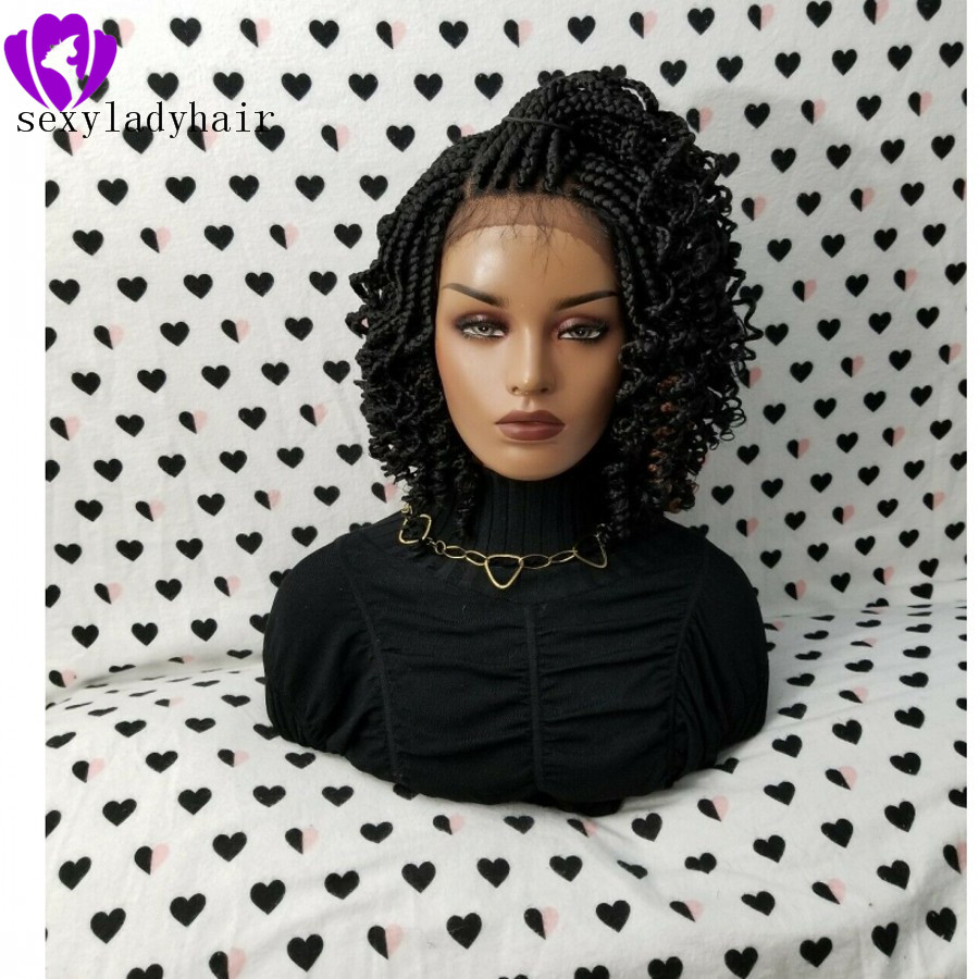 2020 NEW lace frontal short Braided Wigs for Black Women Synthetic Lace Front braids Wig with curly tips Baby Hair