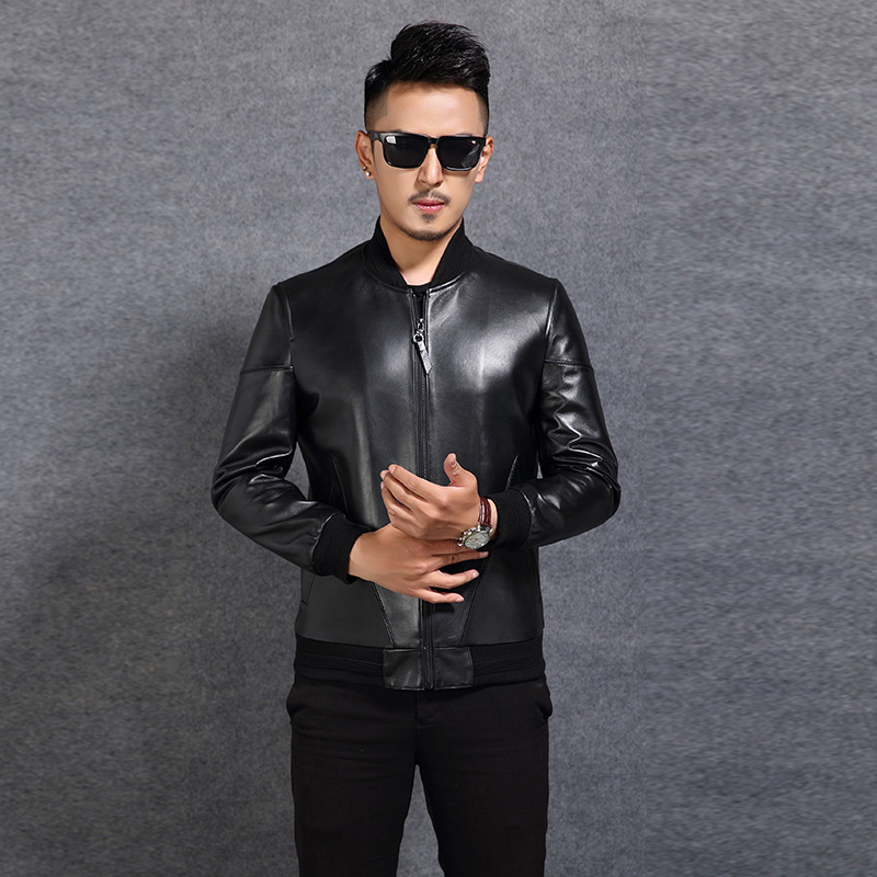 Autumn new leather leather men's first layer sheep jacket baseball uniform collar short burst coat thin coat, Black
Autumn new leather leather men's first layer sheep jacket baseball uniform collar short burst coat thin coat, Black