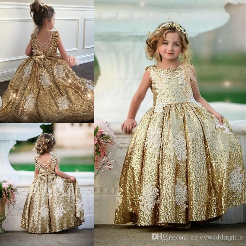 Arrival Lovely New Gold Sequined Champagne Ball Gown Wer Girl Dresses Lace Applique Backless With Bow Beadings Pearls Kids Prom Dress Lz0304