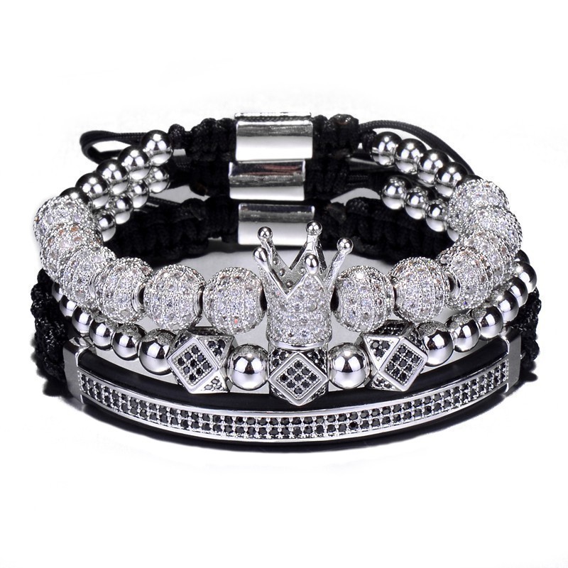 3pcs/set Hip Hop Gold Crown Bracelets 8mm Cubic Micro Pave Cz Ball Charm Braided Braiding Man Jewelry Pulseira Bileklik C19021501