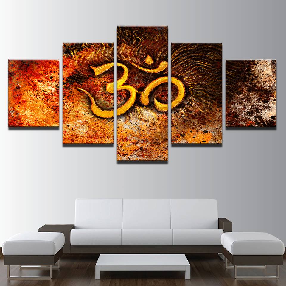 Canvas HD Prints Paintings 5 Pieces Golden Mystical OM Symbol Pictures Wall Art India Om Abstract Posters Home Decor(No Frame)
