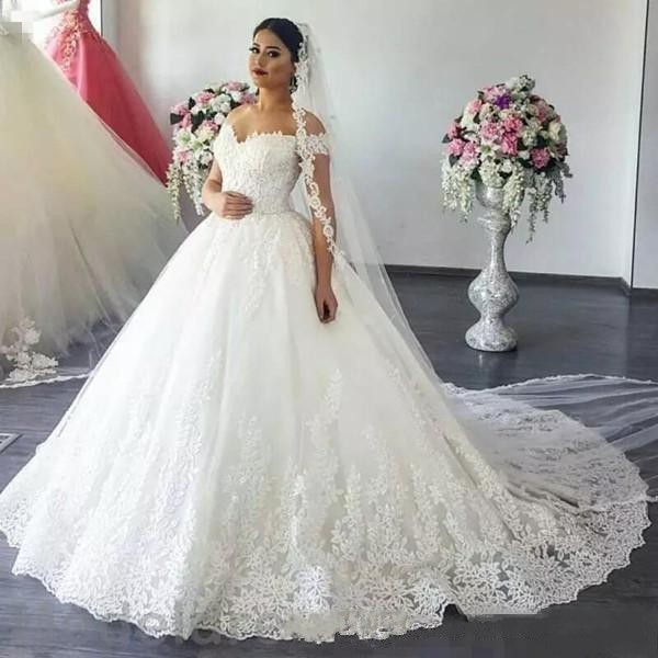 High Quality Fall 2019 Princess Wedding Dresses Bridal Gowns Off The Shoulder Neckline Lace-up Back Pretty Lace and Tulle White Ball Gowns