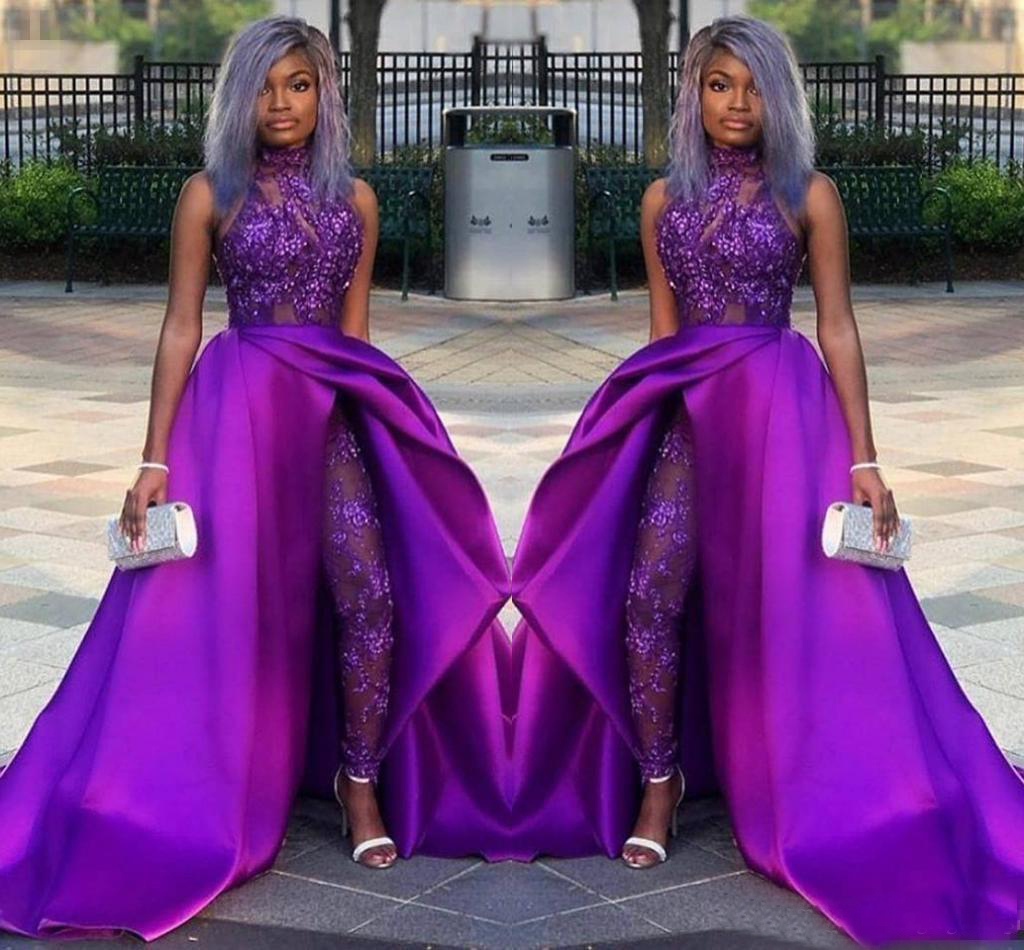 2020 Lace Appliqued Bead Evening Gowns Luxury African Party Women Pant Suits Classic Jumpsuits Prom Dresses With Detachable Train High Neck
