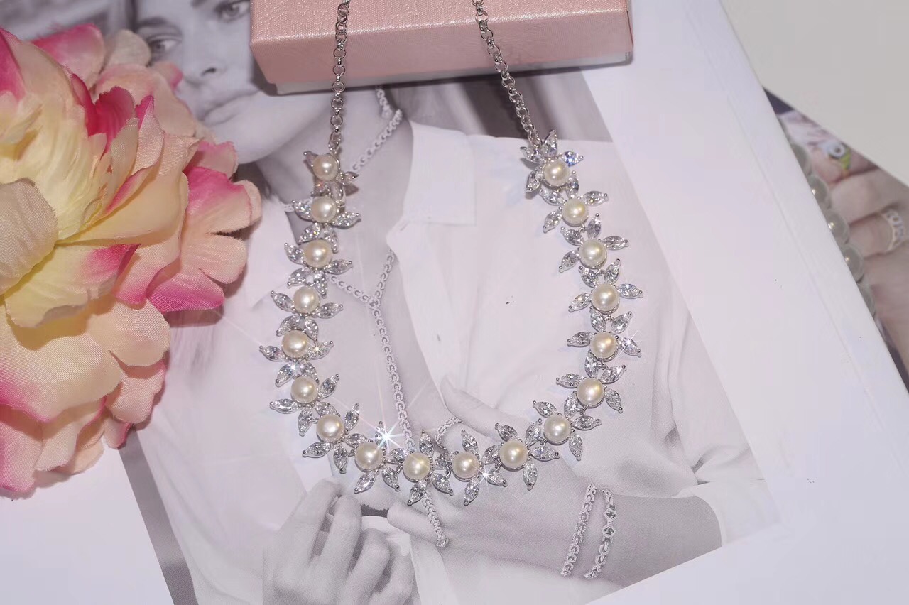 Fashion- Silver Adjustable Slide Marquise Cut Clear Cubic Zirconia Leaf Tennis Choker Necklaces With Natural Pearl For Women Wedding