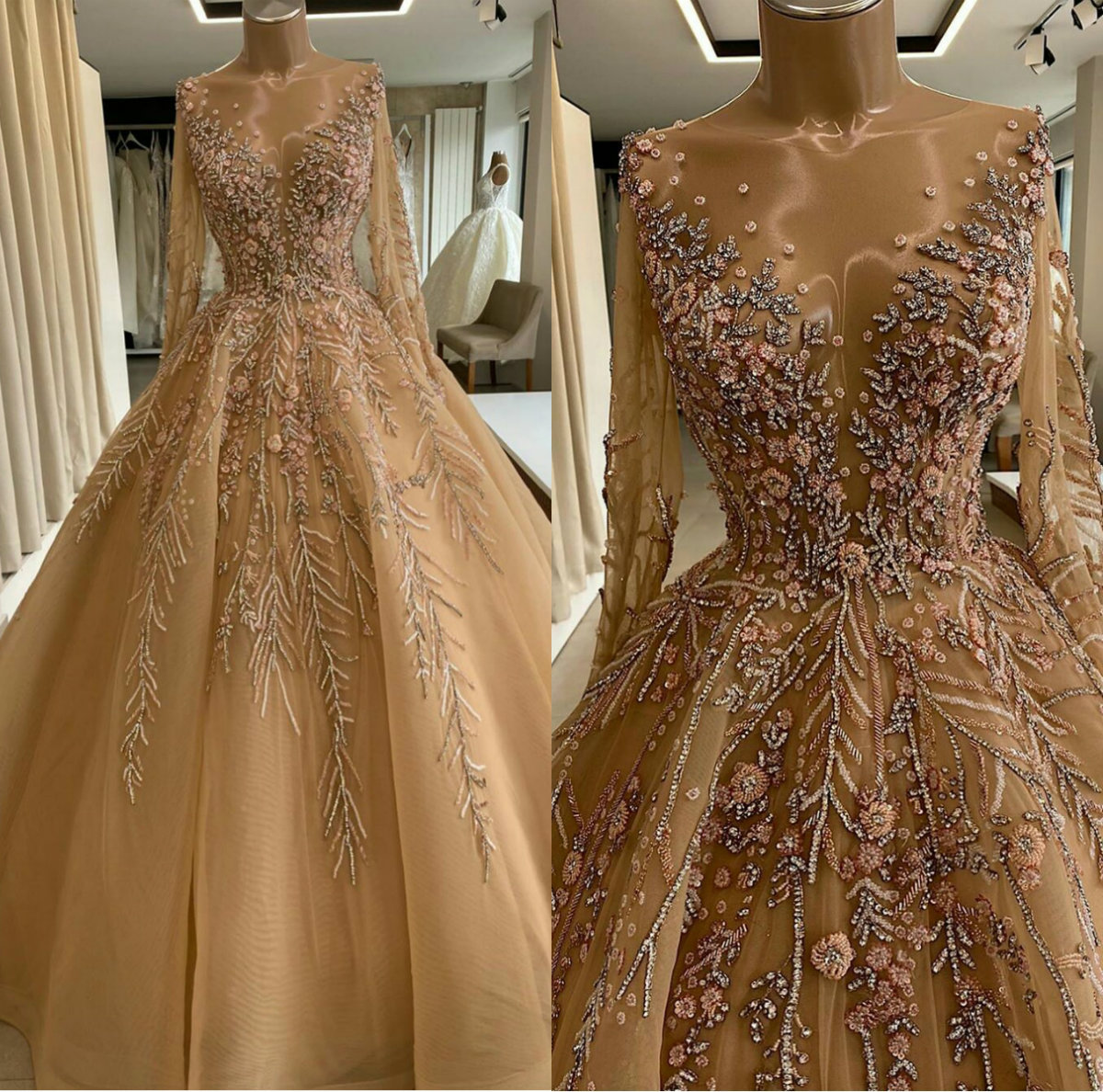 2020 Gold Prom Dresses Jewel Neck Long Sleeve Beaded Embroidery Evening Dress A Line Custom Made Special Occasion Gowns Satin