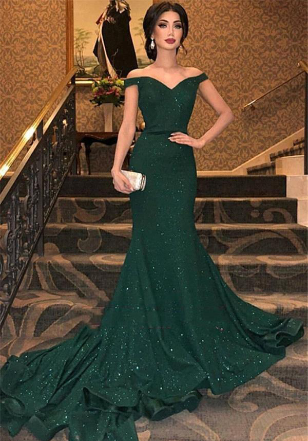 Dark Green Sequined Evening Dresses 2019 Mermaid Off Shoulders Celebrity Holiday Women Wear Formal Party Prom Gowns Custom Made Plus Size