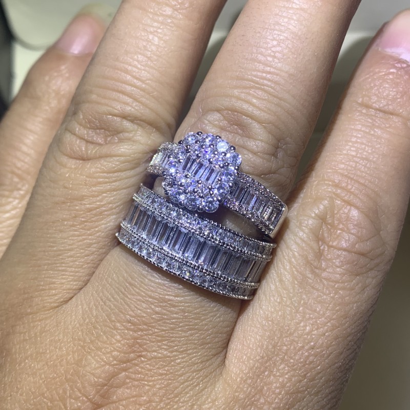 Exquisite Handmade Sterg Sier White Topaz CZ Dia Wedding Ring Set for Women