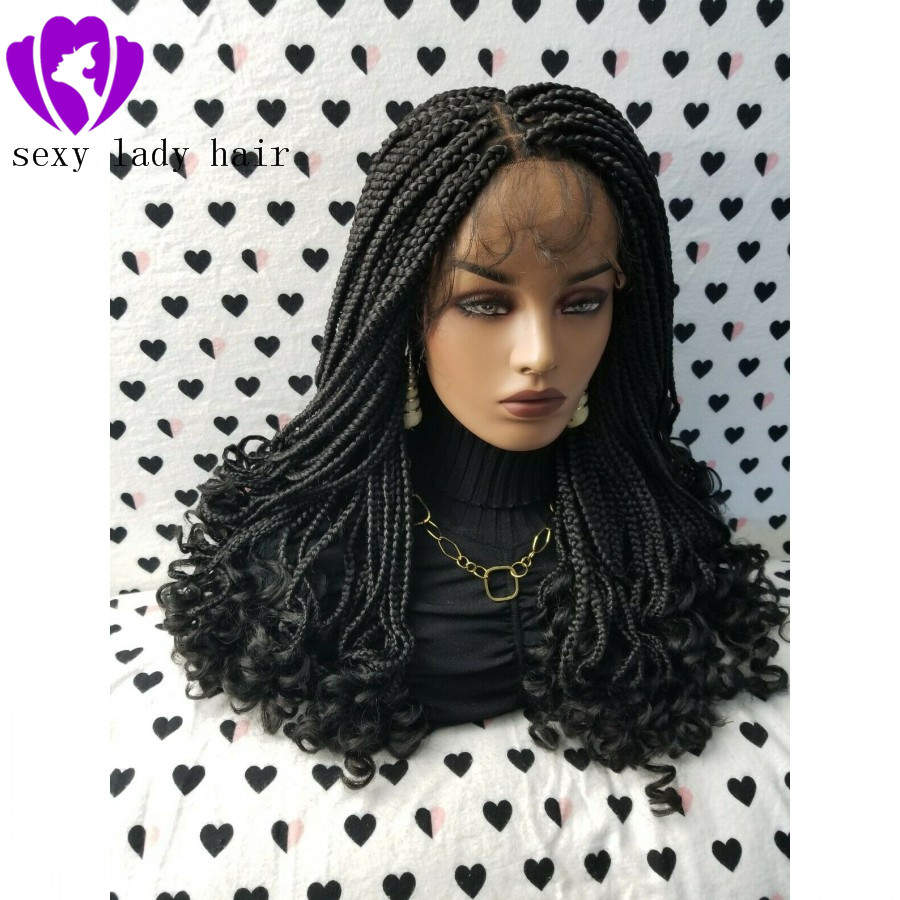180density full 24inches black/brown /burgundy box braids wig Fully Hand Ponytail synthetic lace front Goddess Braids wig With Curly Tips