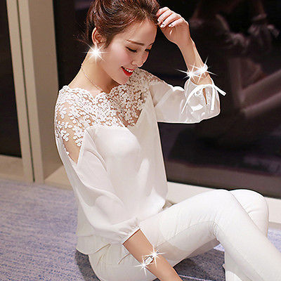 2019 New Sexy Fashion Women Hollow Out Lace Chiffon Blouse Casual Ladies Elegant Lace Shirt