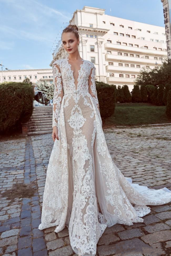bride mermaid wedding dresses with detachable train v neck lace beads long sleeve plus size bridal gowns robe de marie