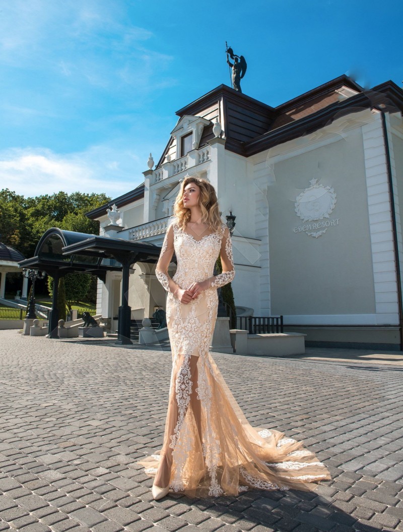 champagne illusion mermaid wedding dresses lace appliqued sheer v neck long sleeve bridal gowns country boho beach wedding dress