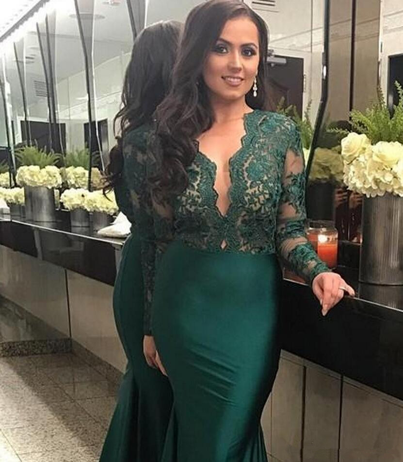 Hunter Green Mermaid Evening Pageant Dresses with Long Sleeve 2019 Sexy V-neck Lace Stain Fishtail Women Occasion Evening Wear Dress