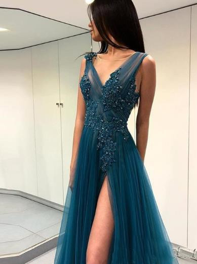 Dusty Blue Tulle Evening Dresses 2020 New Custom Made Sweep Train Applique Beads V-Neck A-Line Backless Formal Prom Party Gowns 116 0510