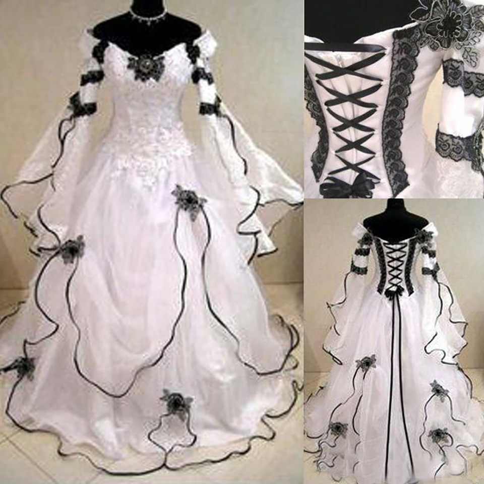 Vintage Plus Size Gothic A Line Wedding Dresses With Long Sleeves Black Lace Corset Back Chapel Train Bridal Gowns For Garden Wed Dress Wed, White
Vintage Plus Size Gothic A Line Wedding Dresses With Long Sleeves Black Lace Corset Back Chapel Train Bridal Gowns For Garden Wed Dress Wed, White