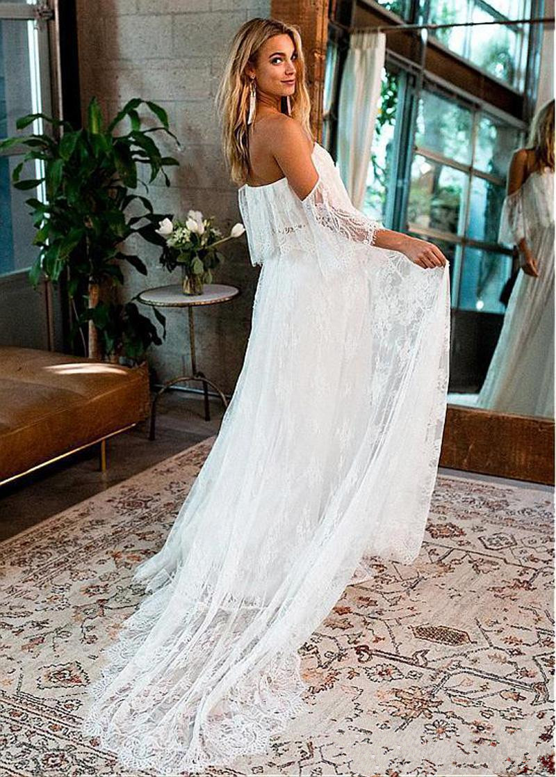 elegant strapless a line boho country wedding dresses lace applqiues off shoulder sleeveless bohemian beach wedding dress