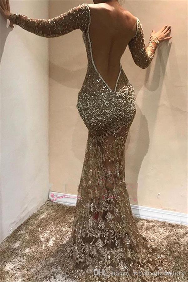 Deep V Neck Long Sleeves Sequins Mermaid Long Evening Dresses Beaded Sheer Mesh Top Split Backless Formal Party Prom Dresses BC0975