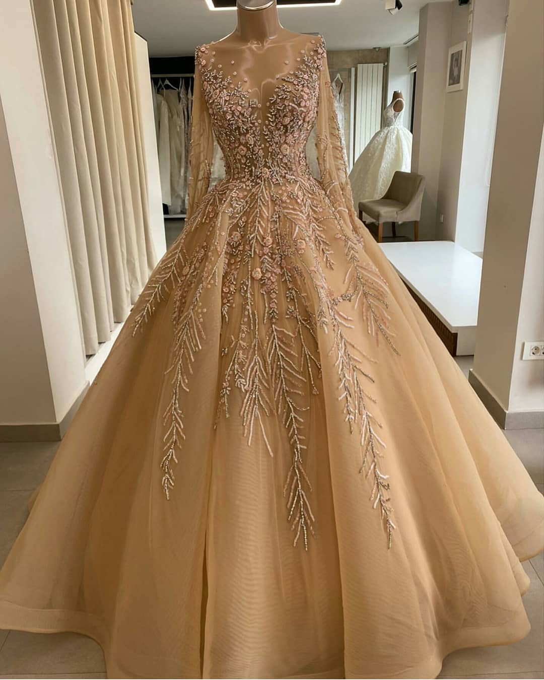 2020 Arabic Aso Ebi Gold Luxurious Sexy Evening Dresses Beaded Crystals Prom Dresses Sheer Neck Formal Party Second Reception Gowns ZJ221