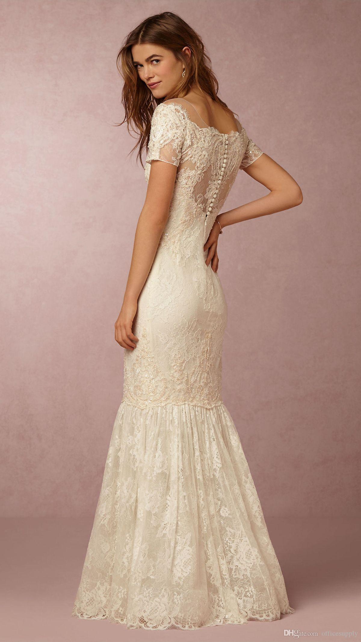 Gorgeous Mermaid New Wedding Dresses Lace Appliques Short Sleeves Chapel Train Sheer Neck Bridal Gowns For Women Vestido De Noiva