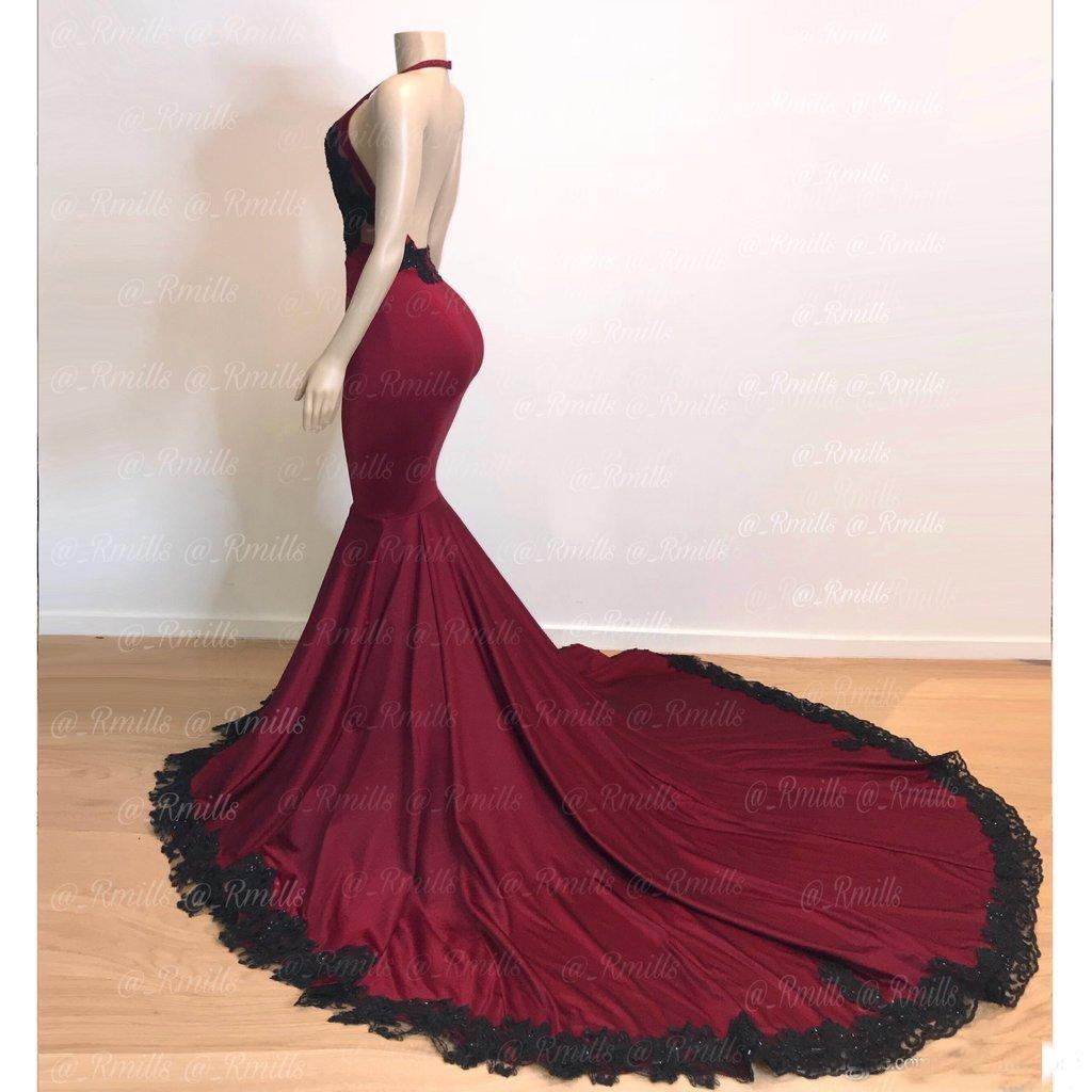Sexy Burgundy with Black Prom Dresses Deep V Neck Backless Lace Applique Evening Dresses Sweep Train Mermaid Party Gowns