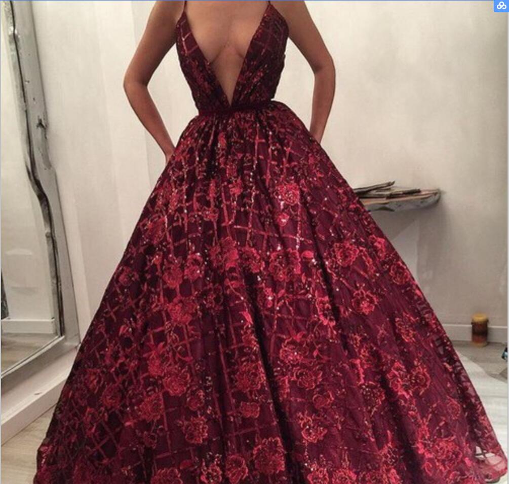 2019 Red Prom Dresses A Line Lace Appliqued Sequins Spaghetti Deep V Neck Floor Length Evening Dress Custom Made Special Occasion Gowns