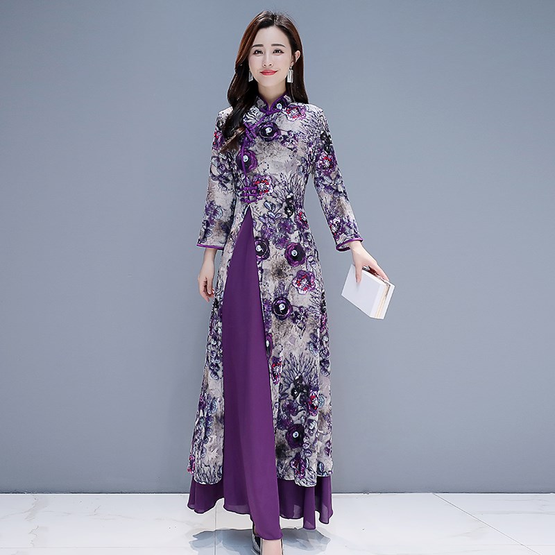 New long ao dai vietnam Style dress for women traditional ethnic clothing purple gown oriental dress Chinese improved cheongsam Qipao