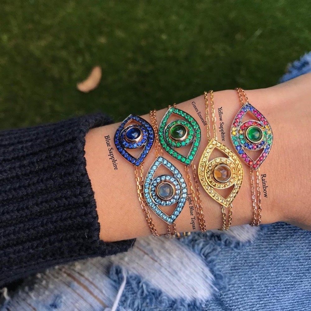 925 sterling silver evil eye bracelet 8 colors rainbow colorful cz lucky Turkish jewelry Fine silver link chain bracelets