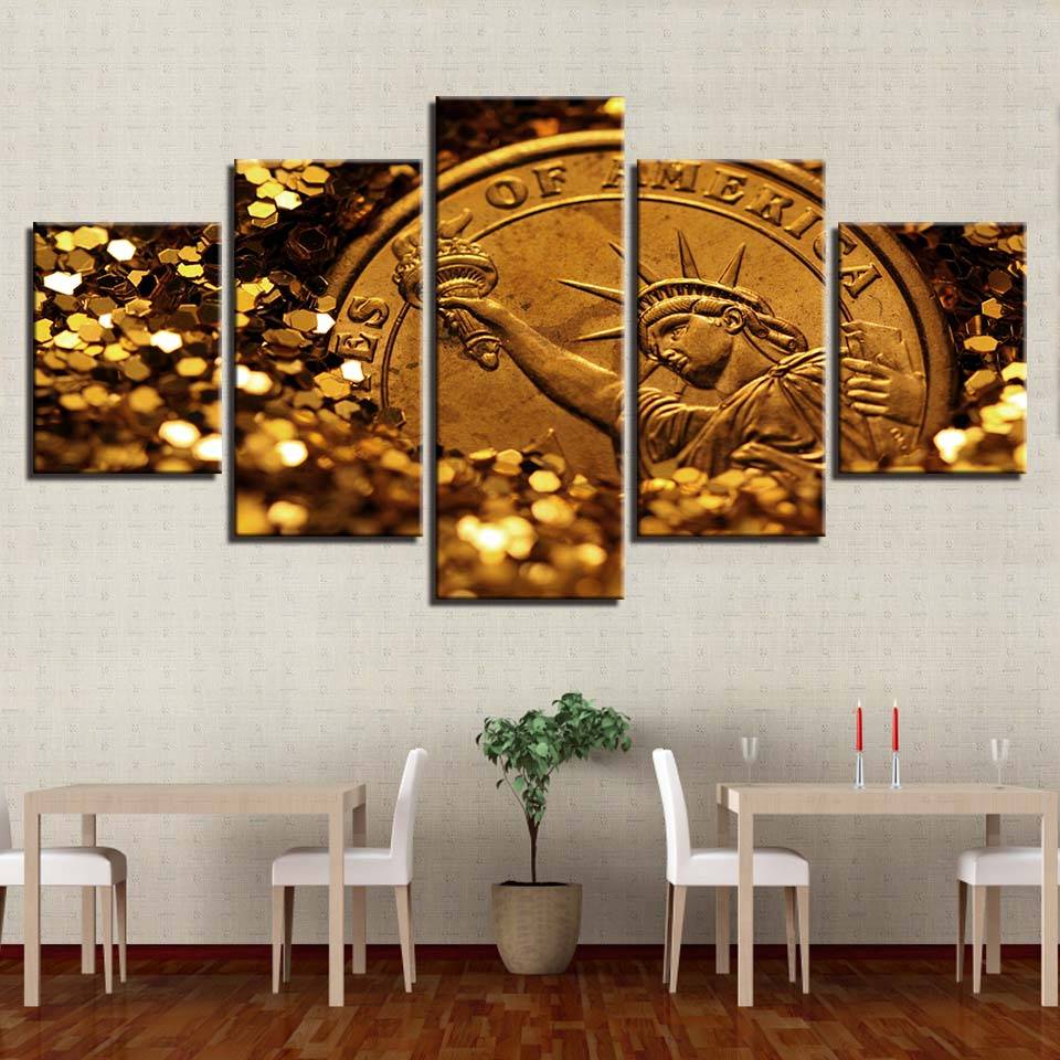 Modular Canvas Wall Art Pictures 5 Pieces Glittering Gold Painting Living Room Decor HD Print Statue Of Liberty Poster(No Frame)