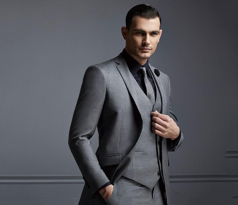 Hot -- Grey Groom Tuxedos Notch Lapel Two Button Men Wedding Dress Best Popular Men Business Prom Party Suit(Jacket+Pants+Tie+Vest) 2268